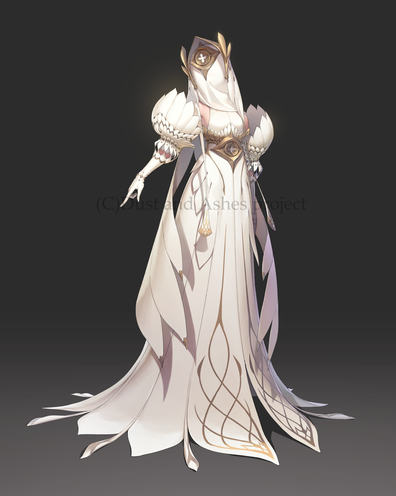 a digital illustration of an anime woman in a white dress with wings. she is standing on a gray background with her hands outstretched. the image is in the style of a character design. the dress is ornate with gold trim and the woman is wearing a hood over her head with eyes visible.
