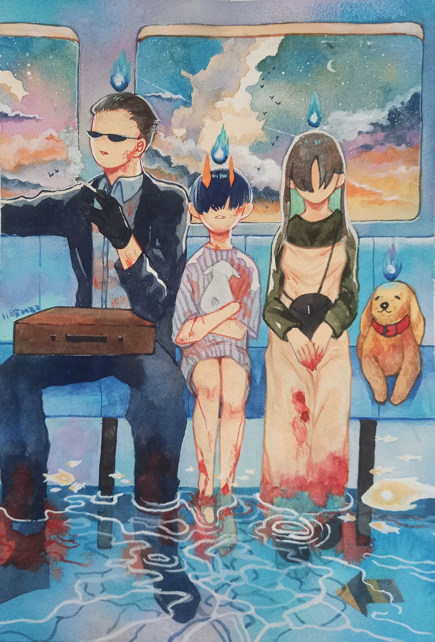 this watercolor painting depicts a scene inside a train or bus. there are three people sitting on the seats: a man in a black suit and sunglasses, a girl with long dark hair in a white dress, and another girl in a pink dress. they are all holding something in their hands. the man is holding a suitcase, the girl in white is holding a small white animal, and the girl in pink is holding a small brown purse. the scene is set at night, with a starry sky and a moon visible through the window. the floor of the train is covered in water, and there are reflections of the people and objects in the water. there is a dog sitting on the seat next to the girl in pink. all three people have a flame above their heads, and the painting overall has a strange and surreal feeling.
