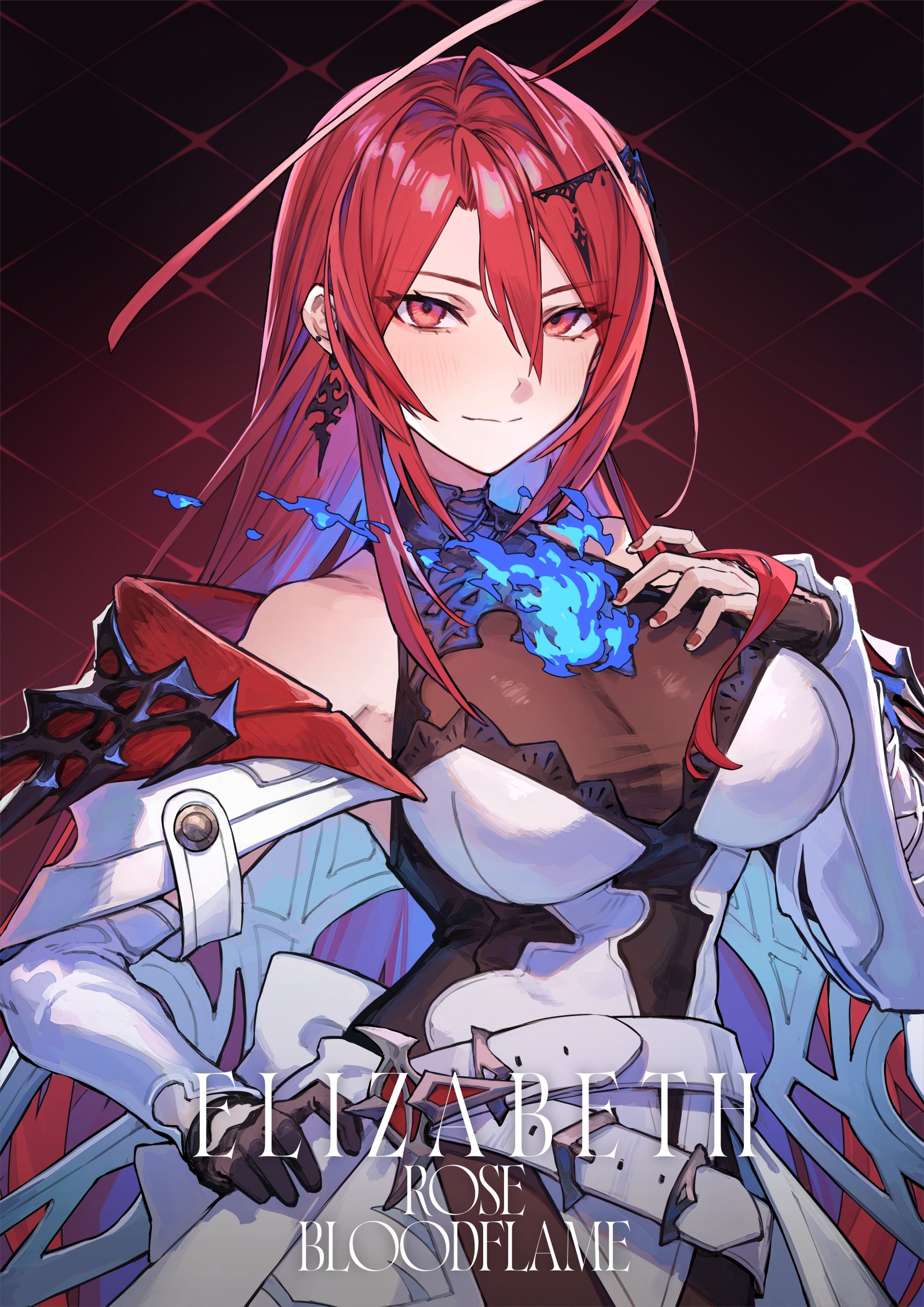 the illustration features a young woman with striking red hair and piercing red eyes, positioned against a dark, abstract background. she exudes confidence, her attire a blend of elegance and strength. her white dress, adorned with intricate black and red accents, hints at a regal yet formidable persona. a captivating blue flame dances delicately near her chest, further emphasizing the air of mystery and power that surrounds her.  she seems to be a character named elizabeth, possibly from a game or anime series, with the title "rose bloodflame" hinting at her fiery nature.