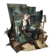 a digital image depicts a man in a casual pose, seated on an ornate green armchair. he dons a brown coat, black pants, and suspenders, and leather boots. he has blonde hair. the background is a blurry, abstract cityscape. a floor lamp, saxophone, luggage, and other props surround him.