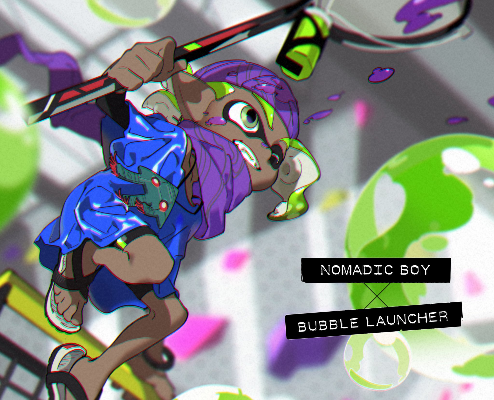 a dynamic illustration of an inkling boy from the video game splatoon.  he's midair, captured in a battle pose wielding a large paint roller weapon. he wears a purple and blue outfit, with the text "nomadic boy" and "bubble launcher" framing him. the background is an abstract urban environment splattered with colorful ink.