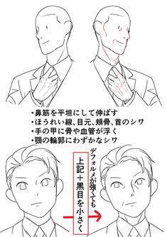a drawing tutorial showcasing how to age a male character's face. the image is divided into two sections. the top section displays two headandshoulder sketches of a man, one younger and one older. the older version emphasizes wrinkles around the eyes, forehead, and mouth, with a more pronounced jawline. the bottom section zooms in on the lower half of both faces, further highlighting the differences in wrinkles and the slight reduction in eye size in the older version. japanese text beside the drawings details specific changes like flattening the bridge of the nose, adding wrinkles around the eyes, cheekbones, and neck, making veins and bones visible on the back of the hand, and adding subtle wrinkles to the jawline.