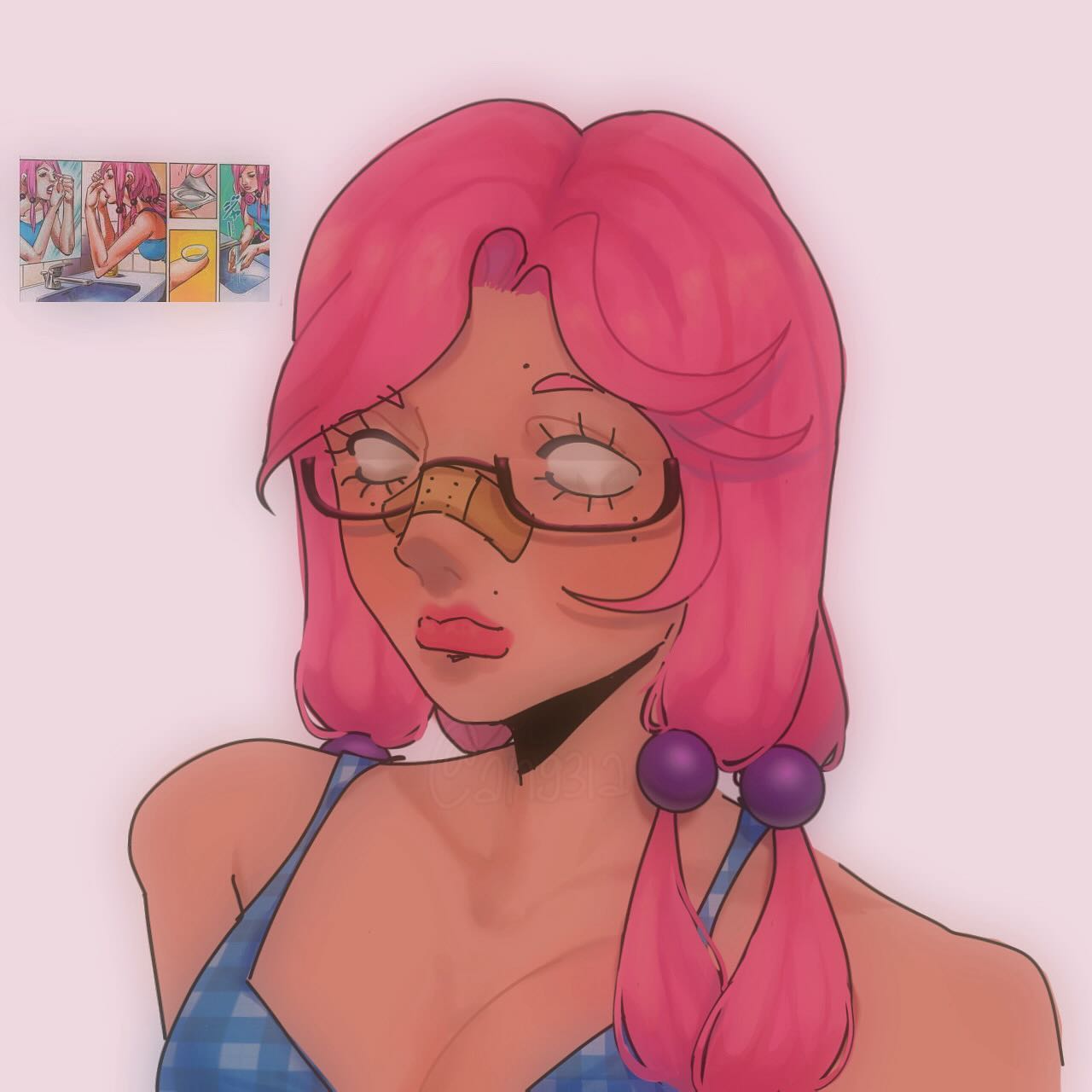 a digital illustration of an anime girl with pink hair, glasses, and a bandaid on her nose. she's wearing a blue plaid outfit and has blue eyes. her portrait is shown from the shoulders up and looks like a cartoon or video game character.