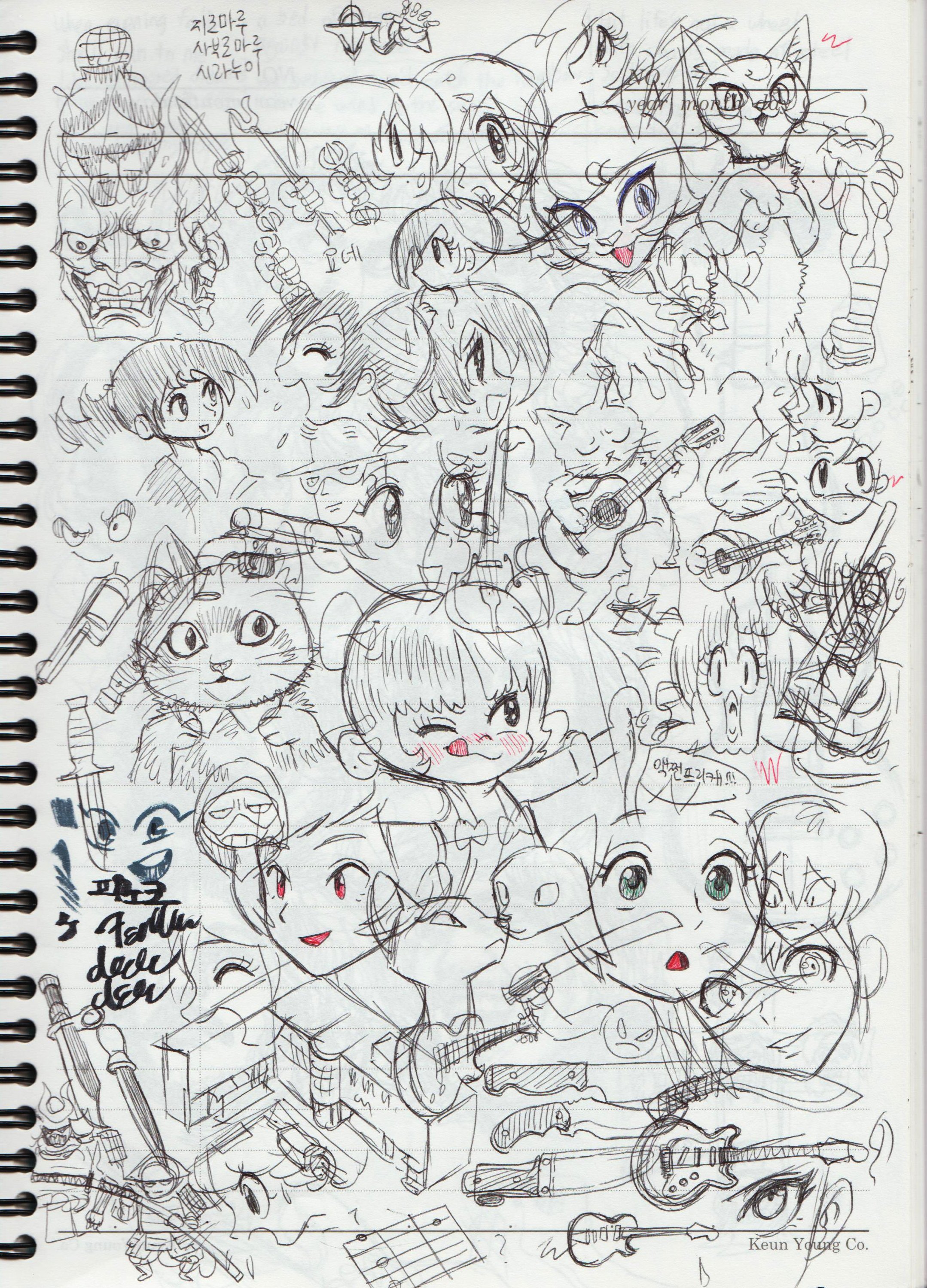 this image is a handdrawn doodle of a bunch of cartoon characters and objects. it appears to be drawn on lined notebook paper with black pen or marker. the style of the characters is very simple, and the drawing is very loose and freeflowing.  the characters are all facing different directions, and some are interacting with each other. there are a variety of characters including cats, girls, and boys.  there are also several objects in the image, such as musical instruments, and a piece of sheet music. the image is a fun and creative piece of art.