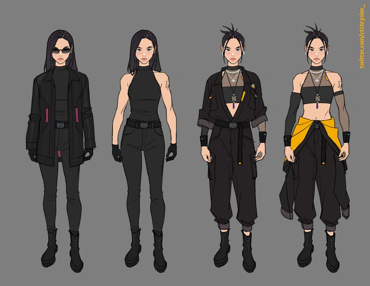 the image shows four variations of a female character design. each version presents the same character with a different outfit, showcasing a range of styles within a cyberpunk aesthetic.  the first two figures wear variations on a black outfit, one with a jacket and the other with a sleeveless top and pants. the final two are similar, showing black jumpsuits with yellow accents, one with a draped cloth element added.  the characters have different hairstyles and accessories, demonstrating different options for the same character. the art style is clean and illustrative, reminiscent of anime or manga character design. the overall color palette is predominantly black, accented with yellow and small hints of pink.  a watermark shows the artist's twitter handle.