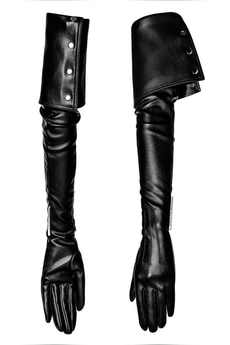 the image shows two black leather opera gloves against a white background. one glove has buttons on the cuff, while the other has fasteners.