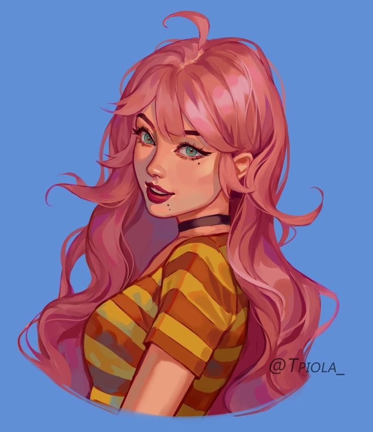 a digital illustration of an anime girl with long pink hair and a yellow striped shirt. she is smiling and looking away from the viewer. the background is blue.