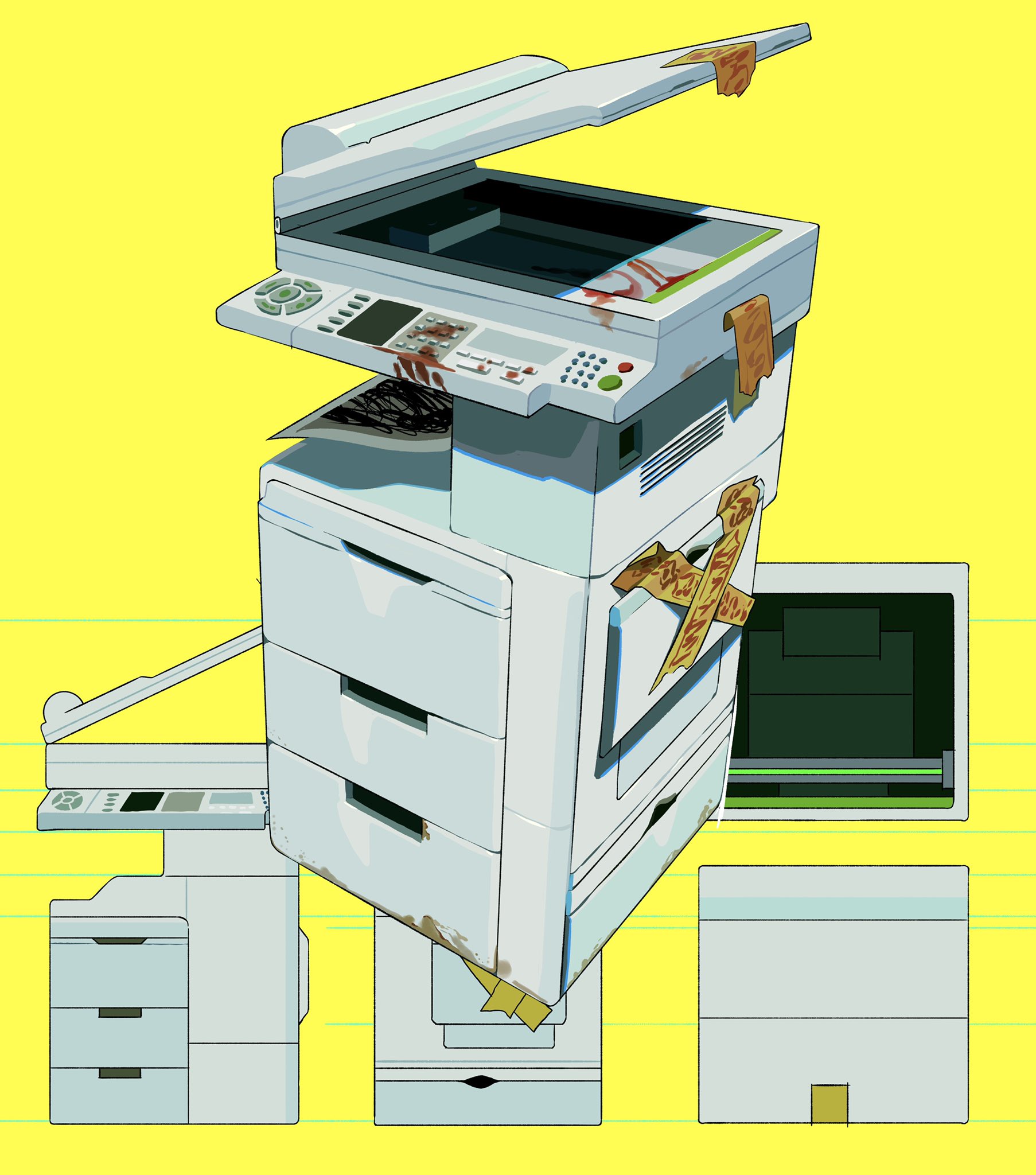 the image is a drawing of a photocopier in an office setting. the photocopier is white with various stains and what appears to be blood on its surface. crime scene tape is haphazardly stuck to the machine. the background is a solid yellow. the drawing style is somewhat cartoonish and stylized. there are also images of other office equipment in the background.