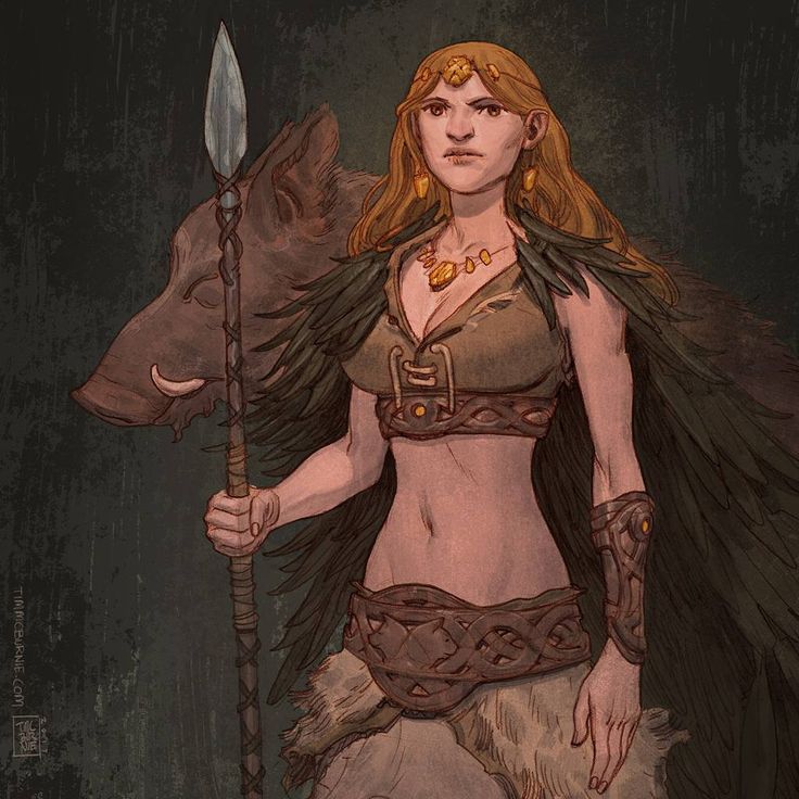 a digital art painting depicts a fairskinned woman who appears to be a shieldmaiden or goddess from norse mythology. she has long blonde hair, a determined expression, and is adorned with golden jewelry including a necklace, earrings, and a headpiece. she wears a revealing cropped top with a braided trim, an ornamented belt over a fur skirt, and an arm band. she stands confidently, holding a spear wrapped with vines in one hand. behind her is a large boar. the background is dark and muted, emphasizing the woman and the boar. the artwork is done in a painterly style with visible brushstrokes and a somewhat desaturated color palette.