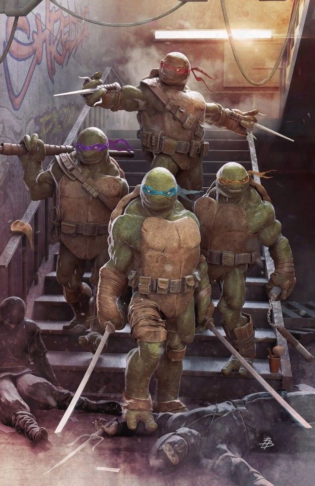 the teenage mutant ninja turtles are shown in a dark, gritty alleyway, standing on a set of stairs with their weapons drawn.  the turtles appear to be in the midst of a battle, as there are several fallen enemies on the ground.  the scene is dark and mysterious, with smoke and dust filling the air. the focus is on the turtles' stance, their weapons, and their determination.  the image evokes a sense of action, suspense, and danger.