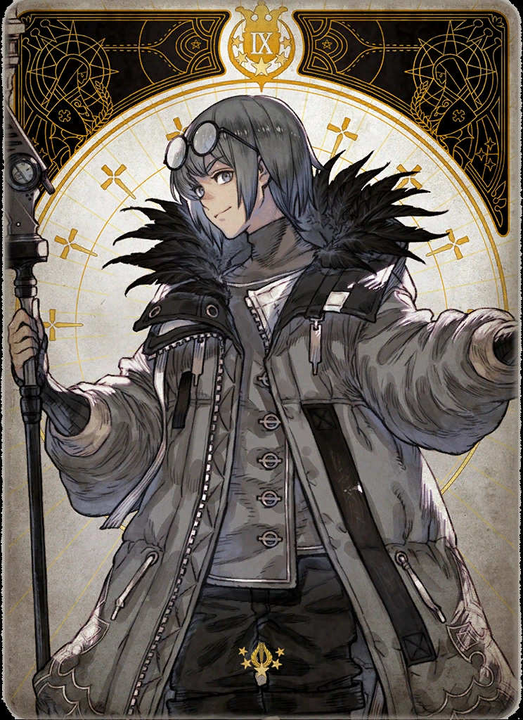 the image showcases a stylized portrait of a young individual, likely a character from an anime or fantasy setting. they are depicted in an art nouveauinspired tarot card frame, holding a staff reminiscent of a divining rod. the individual sports short, gray hair, round glasses, and a layered outfit dominated by a thick, gray coat with prominent pockets and a furtrimmed hood.  the background is a muted, textured cream with intricate gold detailing in the form of geometric patterns and symbols. the overall color scheme leans towards a muted palette of grays and browns, emphasizing a sense of quiet mystery and introspection.