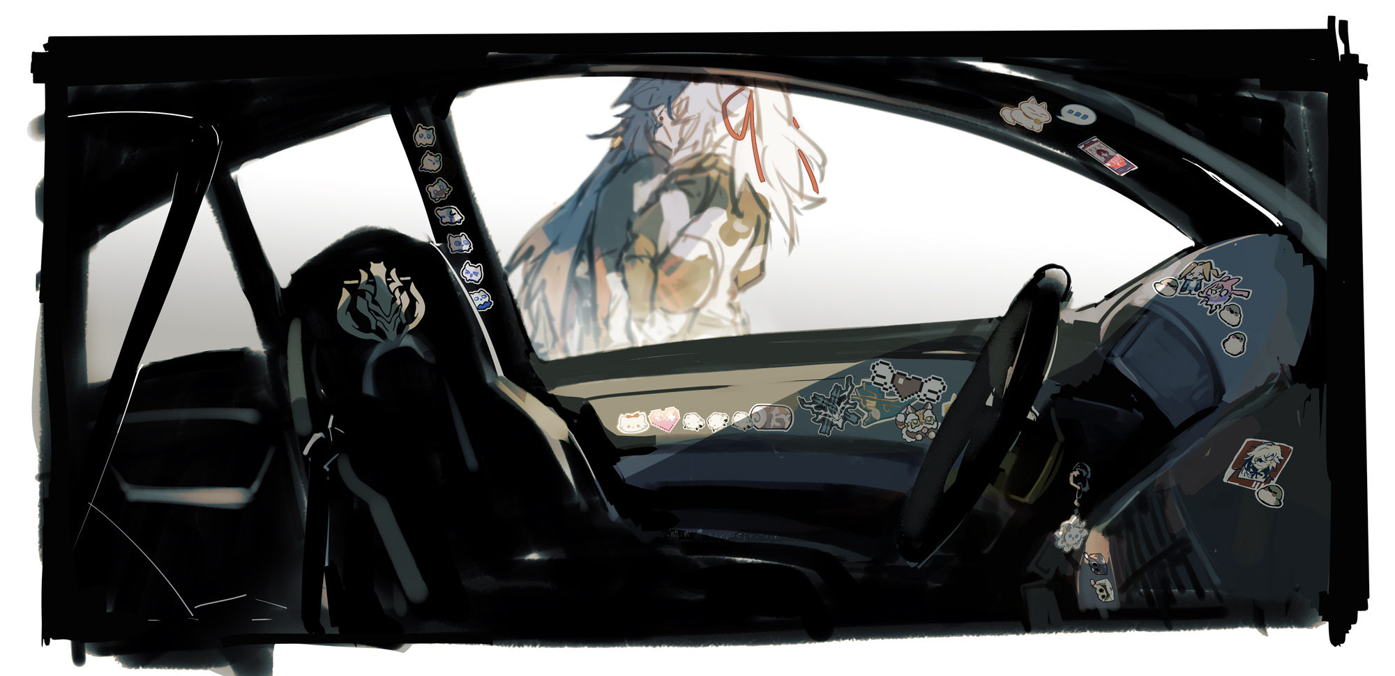 the image shows the interior of a car. the driver's seat is in focus and is covered in stickers.  in the passenger seat window a person with long white hair is visible. the image has a dark, moody tone and a slightly blurred background.