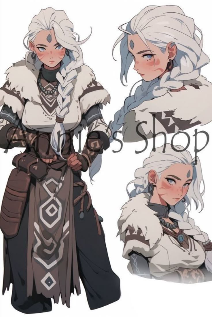 the image shows an animestyle drawing of a woman with white hair in a long braid, wearing fantasy tribalinspired armor and clothing. there are two additional closeup views of her head and shoulders, one in profile. the woman has fair skin, blue eyes, rosy cheeks, and a mark on her forehead. she wears a furtrimmed coat, a necklace, and is dressed in layered clothing with tribal patterns. the fullbody view shows her wearing additional armor and a long skirt.