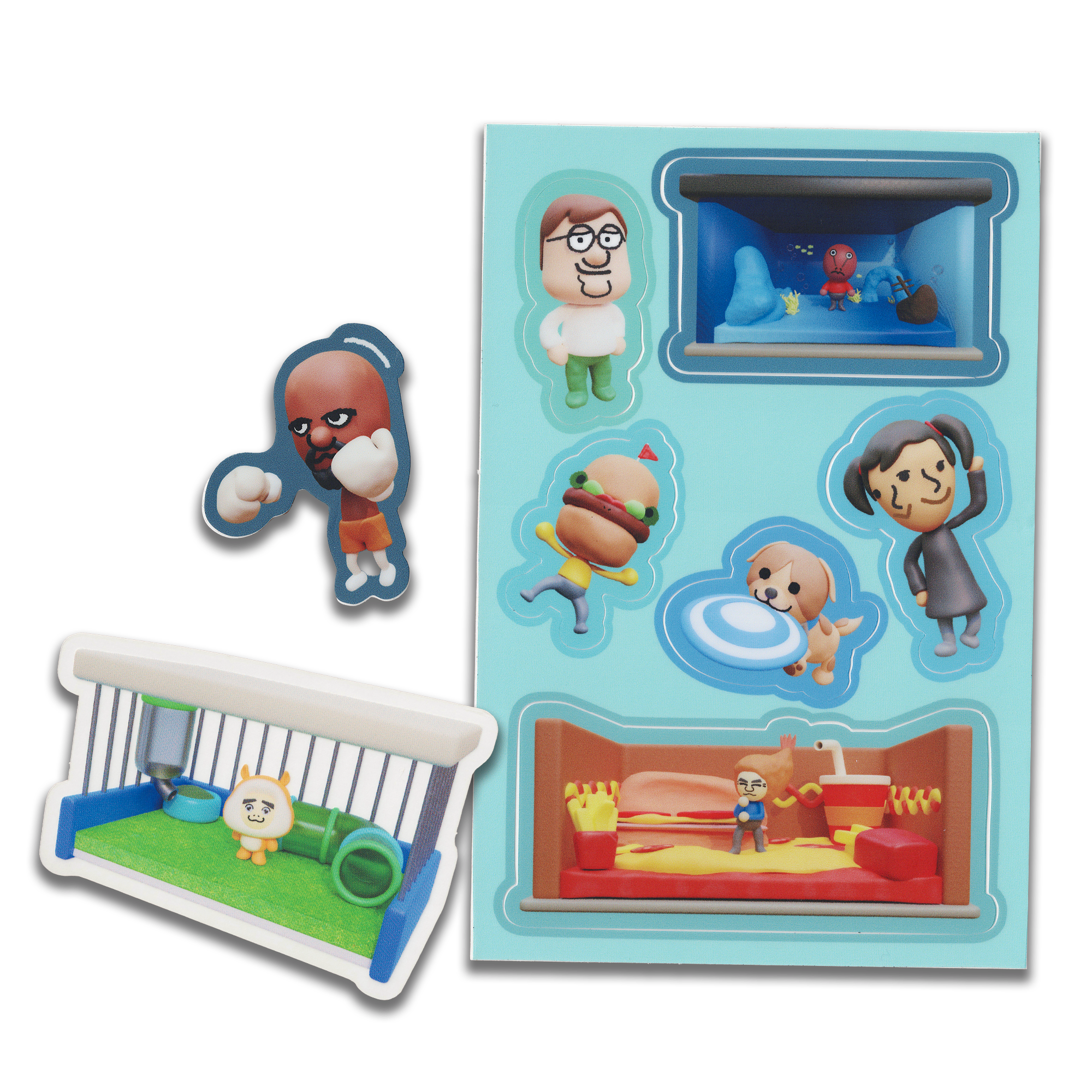 a sheet of colorful cartoon stickers featuring various characters from a popular game. there is a man in a red shirt with a boxing stance, a woman with long black hair in a black dress, a man in a blue shirt holding a burger, a dog chasing a frisbee, a cat in a cage, a man in a blue shirt looking at a hotdog, a man in a white shirt and a fish. all of the stickers are set against a light blue background.