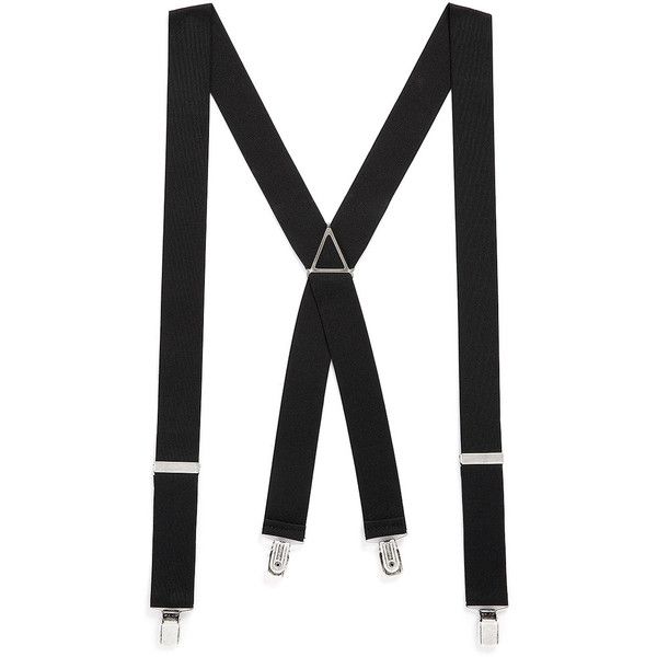 a pair of black suspenders are displayed against a white background. the suspenders form an "m" shape, with the straps converging at a triangular metal connector. each strap features metal clips at the ends for attaching to trousers. silver adjusters are visible on the straps.
