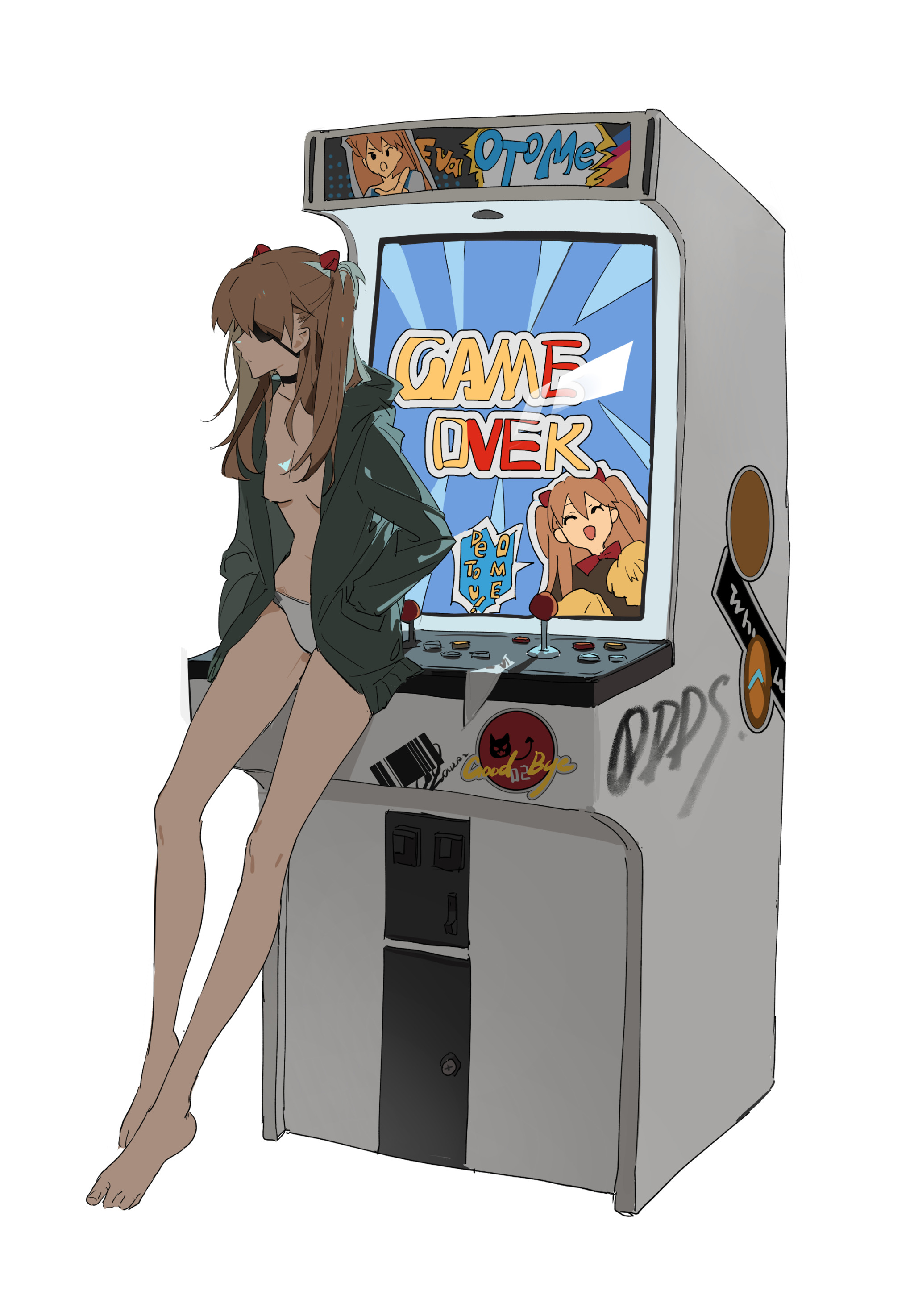 an animestyle illustration shows a woman with brown hair and a red hair bow leaning against an arcade game. the woman wears a black eye patch and an open green cardigan over underwear. the arcade game displays a "game over" message with animestyle graphics of the woman and the text "eva otome" above the screen. there are stickers and graffiti on the arcade game.