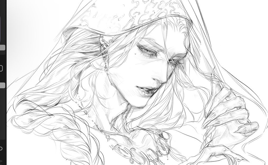 a detailed pencil sketch of a beautiful female figure with long flowing hair and a delicate face. she is wearing a head scarf and is clutching her hand to her chest, creating a sense of mystery and intrigue. the drawing is expertly rendered with realistic details, capturing the subject's beauty and elegance.  the piece is a testament to the artist's talent and their ability to capture emotion and storytelling through their art.