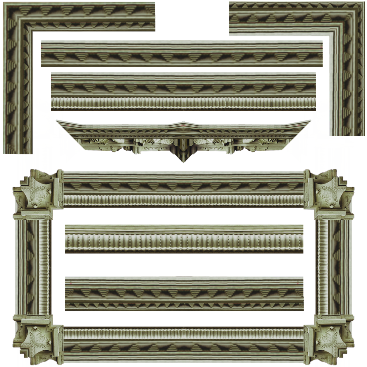the image showcases a collection of architectural decorative elements, including ornate moldings, cornices, and column sections. various patterns and textures are present, creating an aesthetically pleasing symmetrical composition. the image focuses on architectural details, particularly those found in classical architecture.