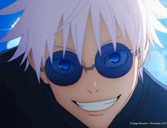 this is a closeup illustration of a young man with white hair wearing blue sunglasses. he's smiling widely with his bright blue eyes staring straight at the viewer. the background is a clear blue sky.  this style is typical of modern anime.