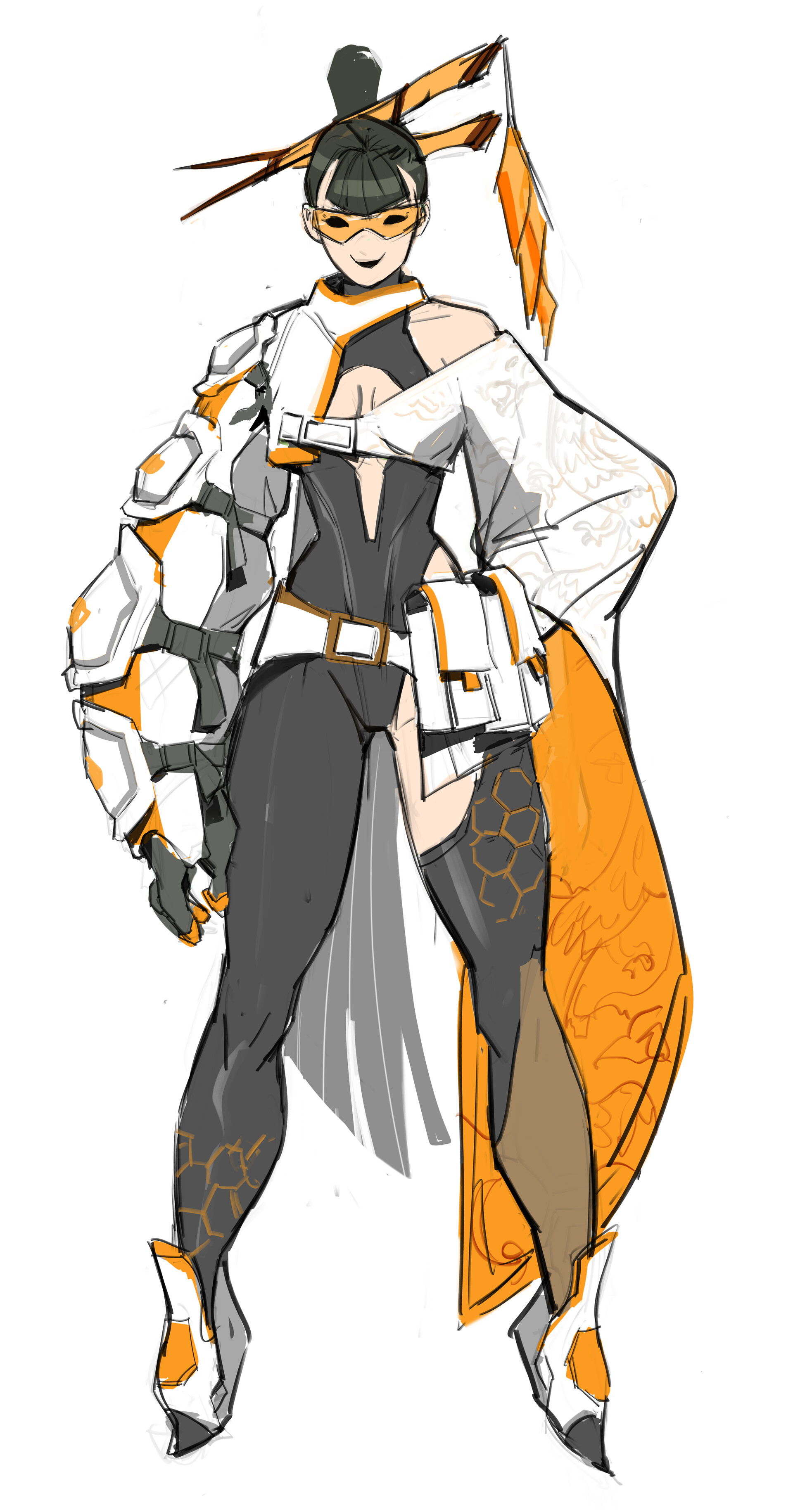 he image is a digital painting of a female character in an anime style. she's depicted in a dynamic pose, exuding strength and confidence. her outfit is a blend of futuristic and traditional elements, featuring a white and orange color scheme.  a robotic arm is clearly visible, suggesting technological enhancements.  her hair is styled in a high bun, adorned with orange accessories.  the overall style is that of concept art or character design, likely for a game or animation. the background is plain white, focusing attention solely on the character.