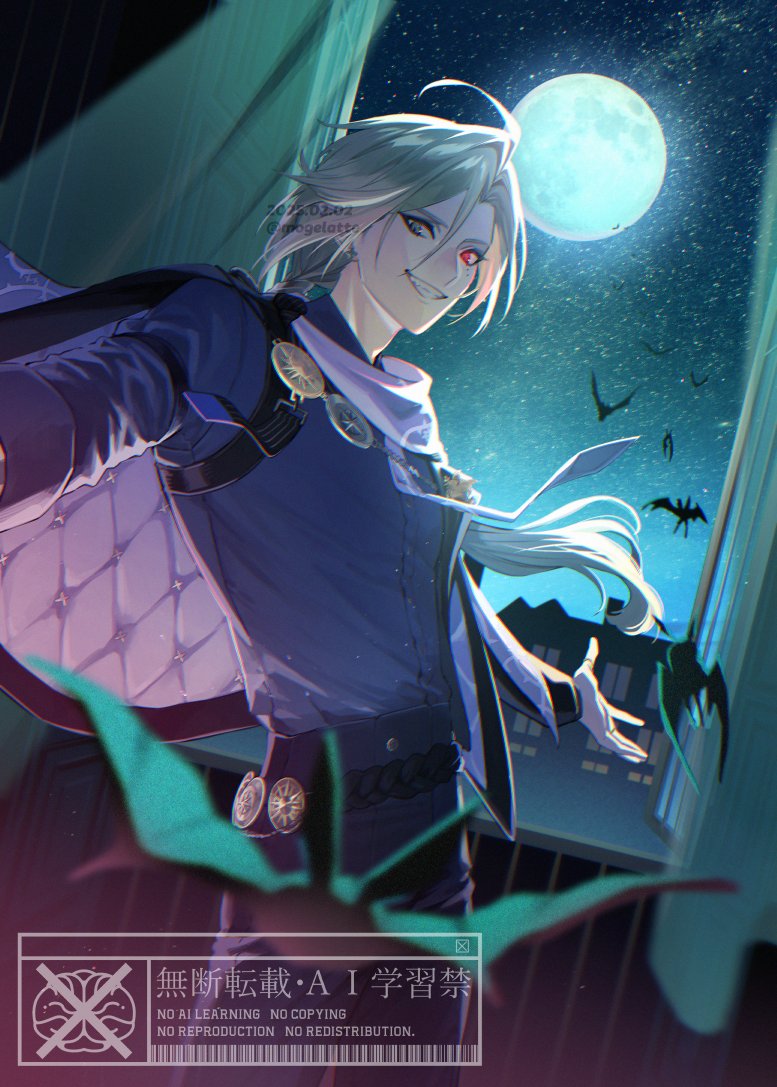 the image is an animestyle illustration featuring a male character with white hair, red eyes, and a sinister smile. he is dressed in dark clothing with a cape, a collar, badges, and embellished cuffs. the background features a night sky with a full moon, silhouetted bats, and a glimpse of a cityscape with gothic architecture. the character is depicted with an open hand gesture. there is a text overlay in the lower portion of the image with symbols and text that appears to be an antiai usage banner.