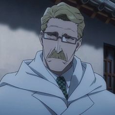 a closeup portrait of a fairskinned older man with blonde hair and a mustache. he's wearing glasses and a white coat over a collared shirt and tie. he has a stern expression on his face. the background suggests he's standing outside in front of a house.