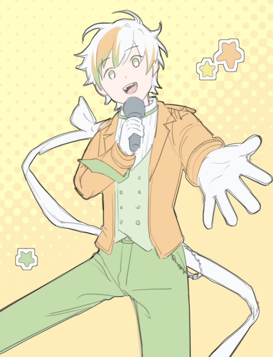 the image is a digital drawing or illustration in a style reminiscent of anime and manga. it depicts a cheerful young boy with pastelcolored hair (mostly white with orange highlights) dressed in a light orange and light green formal outfit, which looks like a tailcoat with a waistcoat and a bow tie. he's holding a microphone and has a bright, expressive face, suggesting he is singing. his gloves are white, and a long white ribbonlike accessory is trailing behind him. the background is a soft yellow with a polka dot pattern and simple star shapes, adding to the lighthearted and playful feel of the image. the overall style is cute and charming, with soft lines and pastel colors creating a gentle and aesthetically pleasing composition.