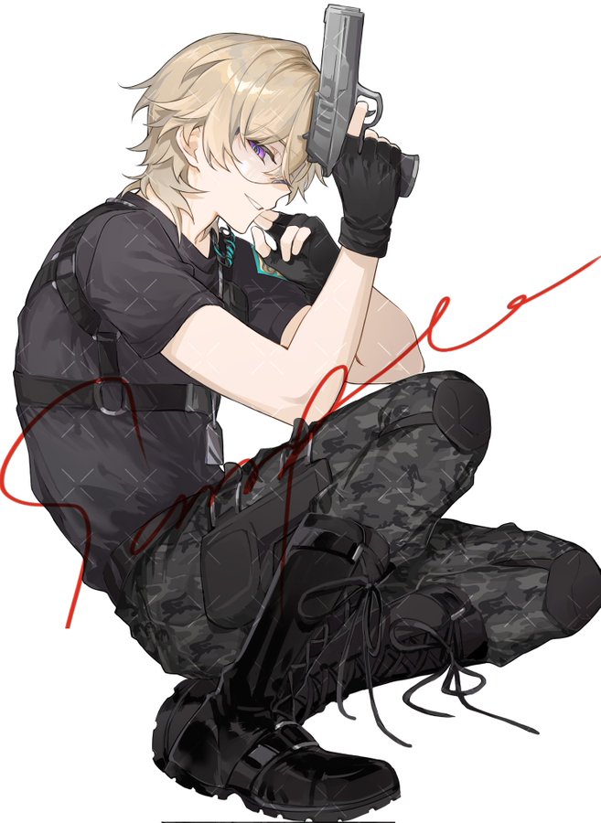 the image is an illustration of an animestyle boy with blonde hair and purple eyes. he's crouched down, holding a handgun, and wearing tactical gear including camouflage pants and boots. the art style is detailed and the overall aesthetic is one of action and readiness. a stylized signature is visible in red across the image.