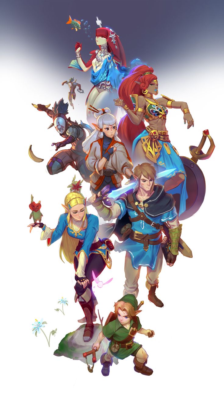 the image is an illustration depicting various characters from the legend of zelda franchise. it features mipha, urbosa, riju, sidon, link in champion's tunic, princess zelda, a korok, and link from ocarina of time. each character is in their signature attire, and iconic items like the master sword, hylian shield, slingshot, and fairy are also present. a banana is floating near sidon.
