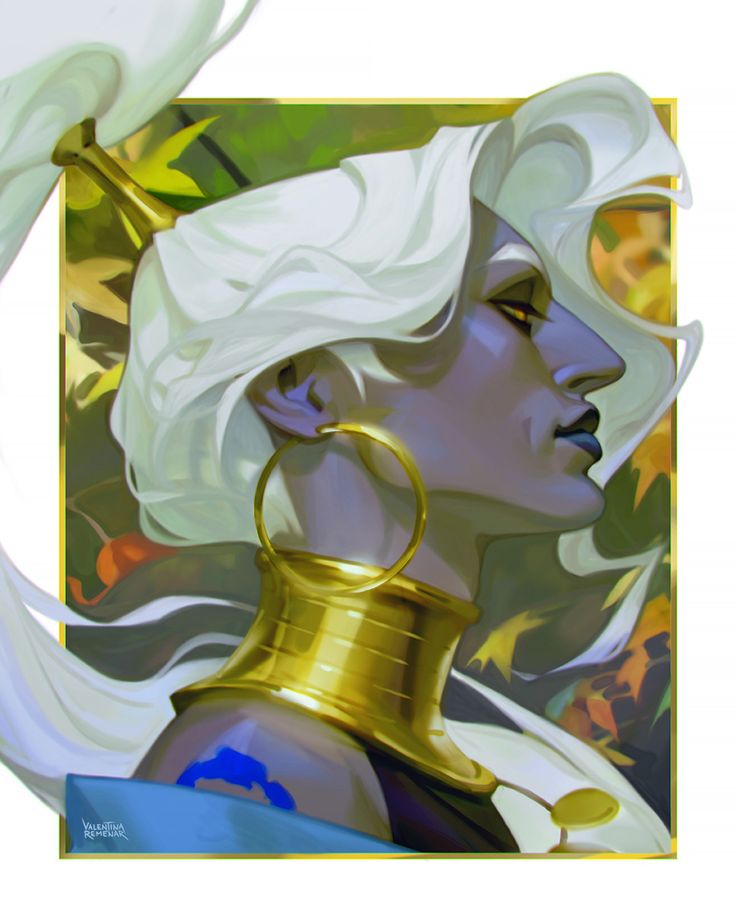 the image is a digital painting of a stylized female figure, possibly an elf or similar fantasy character. she has long, flowing white hair styled in a high ponytail with a gold ornament at the base.  her skin is a dark, cool tone, and she wears large gold hoop earrings and a substantial gold collar around her neck. a small blue tattoo is visible on her shoulder. she is depicted in profile view, with her gaze directed to the right. the background features muted autumnal colors of leaves, creating a sense of depth. the overall style is elegant and ethereal, with a focus on smooth, painterly rendering of form and light. the artist's signature, "valentina remak," is subtly placed in the bottom left corner. the artwork has the characteristics of a character portrait from a fantasy game or book.
