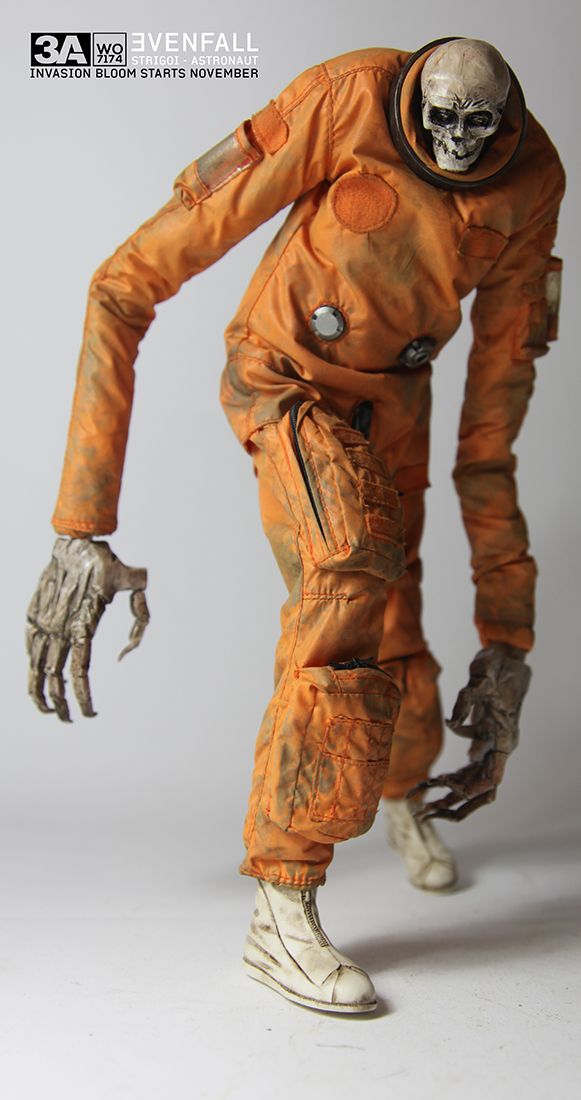 this is a figurine or action figure of an astronaut with a skeleton head. the astronaut is wearing an orange and white space suit that is weathered and worn. the astronaut has dirty, white boots and is standing on a white background. the toy is a stylized, futuristic, or dystopian representation of a space explorer.
