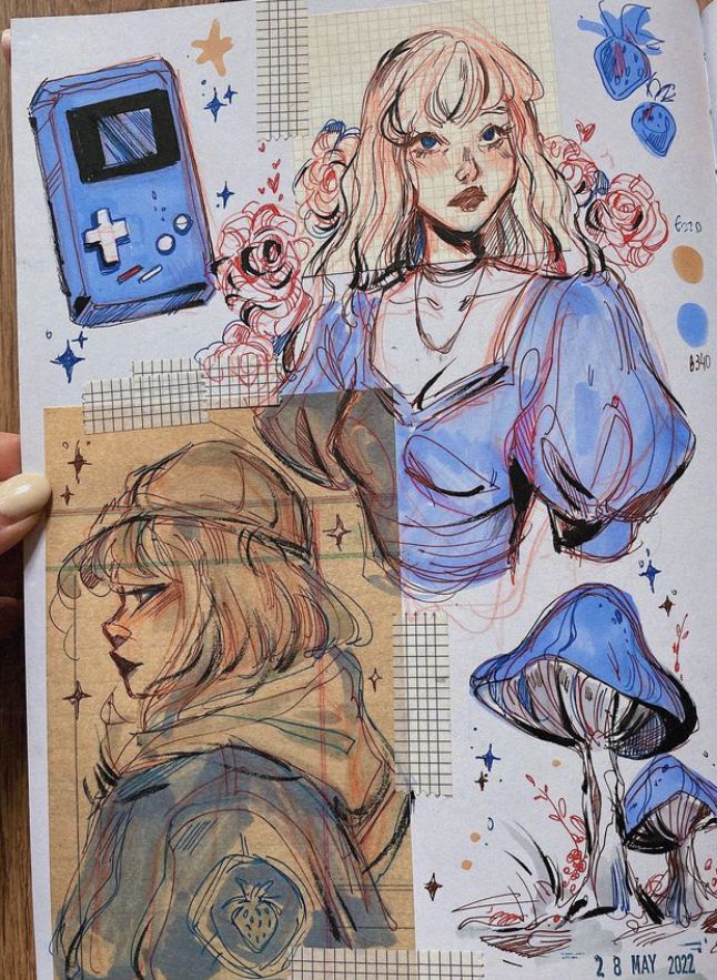 he image is a vibrant collage of drawings and doodles, featuring multiple subjects.  the dominant elements are two female figures: one in a blue dress with pink roses around her, and another wearing a cap.  both are rendered in a style that blends line art with watercolor washes, resulting in a soft, slightly textured look.  other elements include a retro game boystyle device, mushrooms with blue caps, strawberries, and gridded paper textures.  the overall aesthetic is whimsical and slightly dreamy, with a combination of digital and handdrawn elements. the date "28 may 2022" is visible in the bottom right corner.