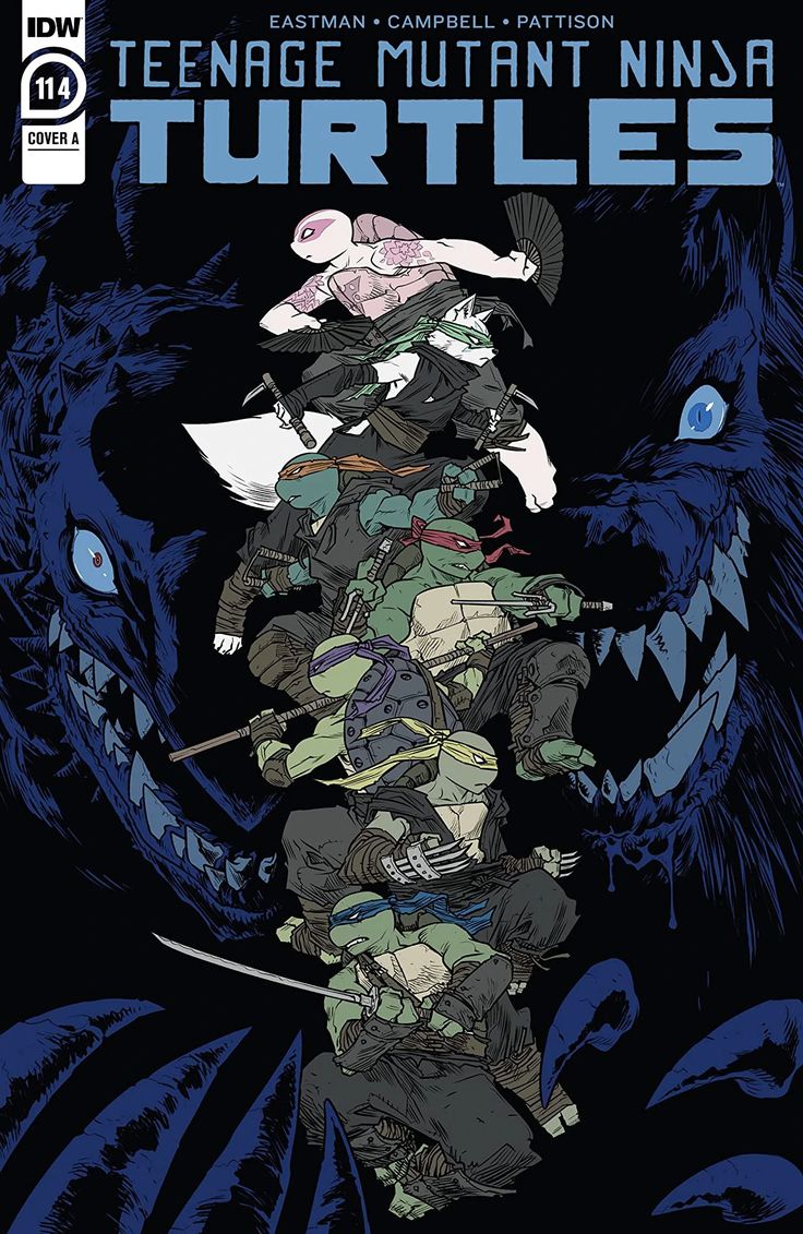 the cover of teenage mutant ninja turtles #114 shows the four turtles standing in front of two shadowy creatures.  the cover is in black, white and blue tones.  the turtle on the left is facing forward, while the other three are facing right.  the creature on the left is a wolf or dog like beast with sharp teeth and claws, and the one on the right is a birdlike beast.  the turtles are holding their weapons and they look ready to fight.