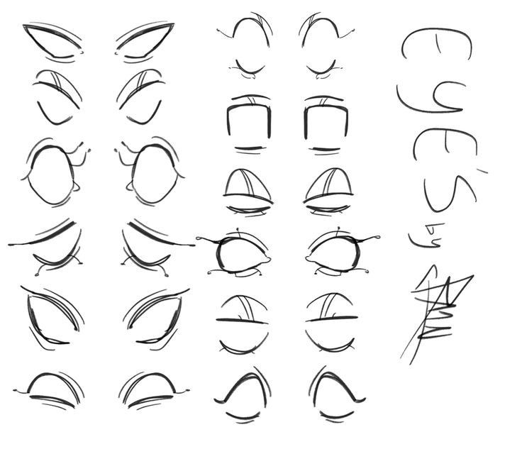 the image is a collection of various anime/mangastyle eye drawings demonstrating different expressions and shapes.  the drawings range from wideeyed and surprised to sleepy and narrowed. there are multiple variations of each expression, offering a comprehensive guide to drawing different eye shapes and emotions in the anime/manga art style.  a separate section on the right side of the image contains additional scribbled sketches, seemingly related to eye shapes and expressions, possibly showing additional steps or variations.  the overall style is simple line drawings, suitable for beginners or as reference for artists working in anime and manga.