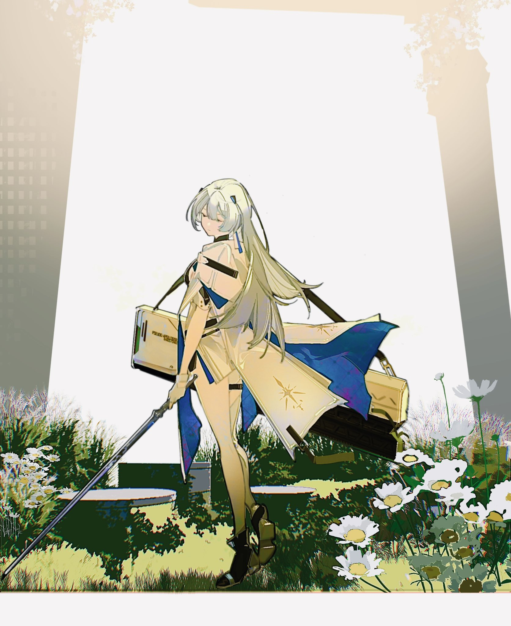 young, fairskinned anime girl with long white hair stands in a garden, her back to the viewer. she's dressed in a flowing, white and blue outfit with bandages adorning her arms and legs. she carries a large, intricately designed sword in her left hand and a rectangular object, potentially a shield or instrument, strapped to her back. the garden setting features wildflowers, overgrown greenery, and remnants of stone structures, hinting at a forgotten place. the overall atmosphere is serene and melancholic, with soft, natural light bathing the scene.