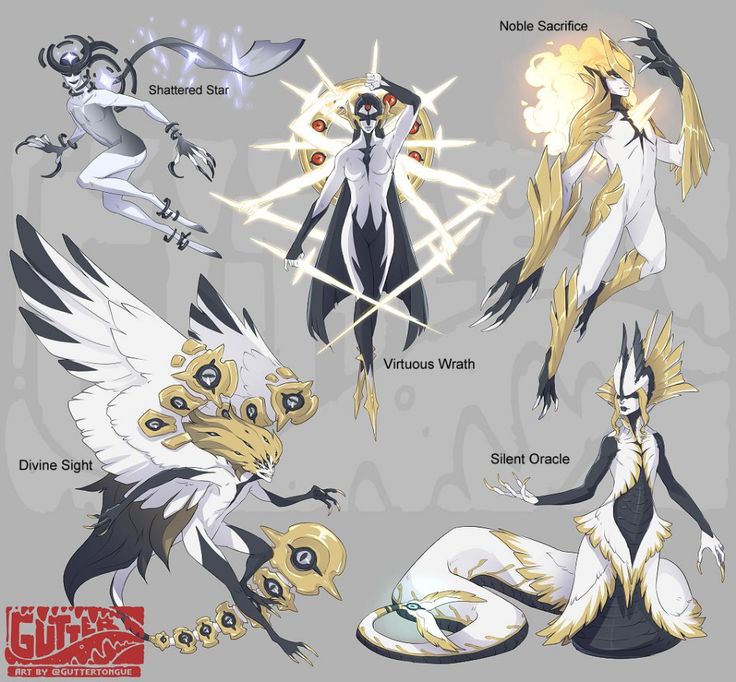 this digital illustration features a series of six fantastical beings in a light gray background. each one has a unique design with different colour schemes. the top left figure has a black body with a blue and white aura. the one beside it has a black and white body with an aura of light. the top right figure has a white body with a yellow aura. the bottom left figure has a white body with a yellow head and yellow eyes. the bottom right figure has a white body with a black head and a black tail. the middle figure is similar to the top right one, but with a black body and a yellow aura.