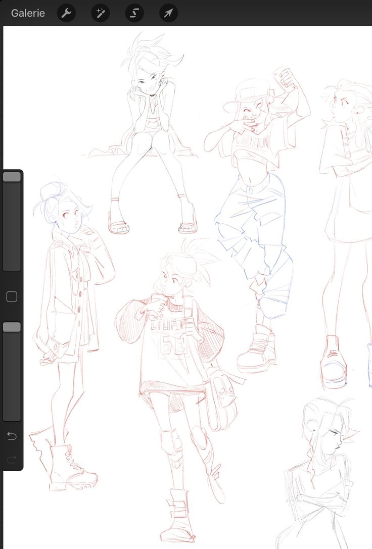 a sketch of different poses of women in different styles of clothing.  they are drawn in a cartoon anime style and appear to be fashion design illustrations.