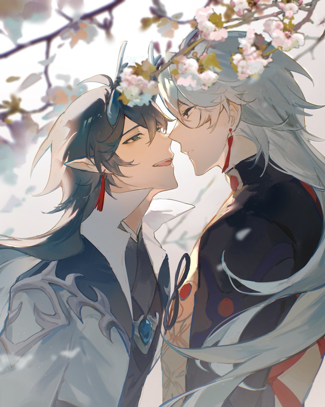 the image depicts two handsome anime boys, one with silver hair and the other with dark hair. the silverhaired boy is leaning towards the other boy and they are about to kiss. the scene is set in a garden full of blooming cherry blossom trees, creating a romantic atmosphere. the boys are dressed in traditional japanese attire, adding to the elegance of the illustration.  the image is drawn in a soft, romantic style, capturing the tenderness and intimacy between the couple.