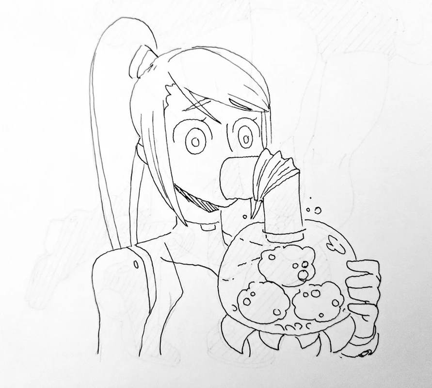 an animestyle cartoon drawing of a young girl with long hair pulled back in a ponytail, holding a glass beaker. she has a surprised look on her face as bubbles form in the beaker. the girl is drawn in a simple style with black lines on a white background.