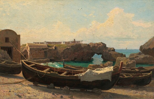 an oil painting depicts a seaside scene with several wooden boats resting on a sandy beach in the foreground. the boats are of varying sizes, with one partially covered by a white cloth. behind the boats, there are rocky formations and a natural archway through which the turquoise sea is visible. on the left, there are stone buildings with simple, rectangular structures. clothes are hanging on a line on the cliff above the natural arch. the sky is partly cloudy with a single bird flying. a sailboat is on the ocean in the background. the overall impression is one of a quiet, coastal village or harbor.