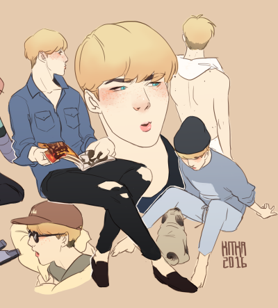 a stylized drawing of a young blonde man in various poses. the artist focuses on exploring different angles and expressions of the subject, showcasing him reading, sitting, and standing. the style is loose and expressive, utilizing a warm, muted color palette.  the man is drawn with noticeable freckles, a mole under his lip, and stylish clothing, including a denim jacket, ripped jeans, and a beanie.