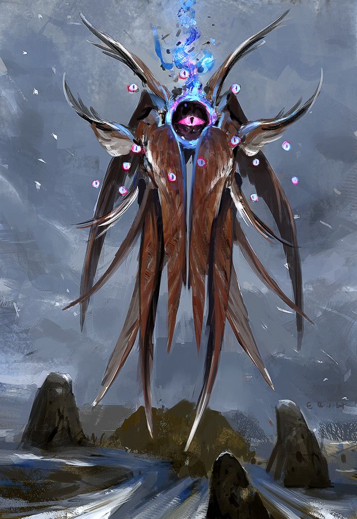 a dark and ominous fantasy creature hovers in the sky above a snowy landscape. it has multiple eyes all over its body, and it's wings are spread wide. the creature is shrouded in darkness and its eyes glow ominously, as if it were a predator on the hunt. the mountains below are snowcovered and there is a sense of unease and dread in the image.