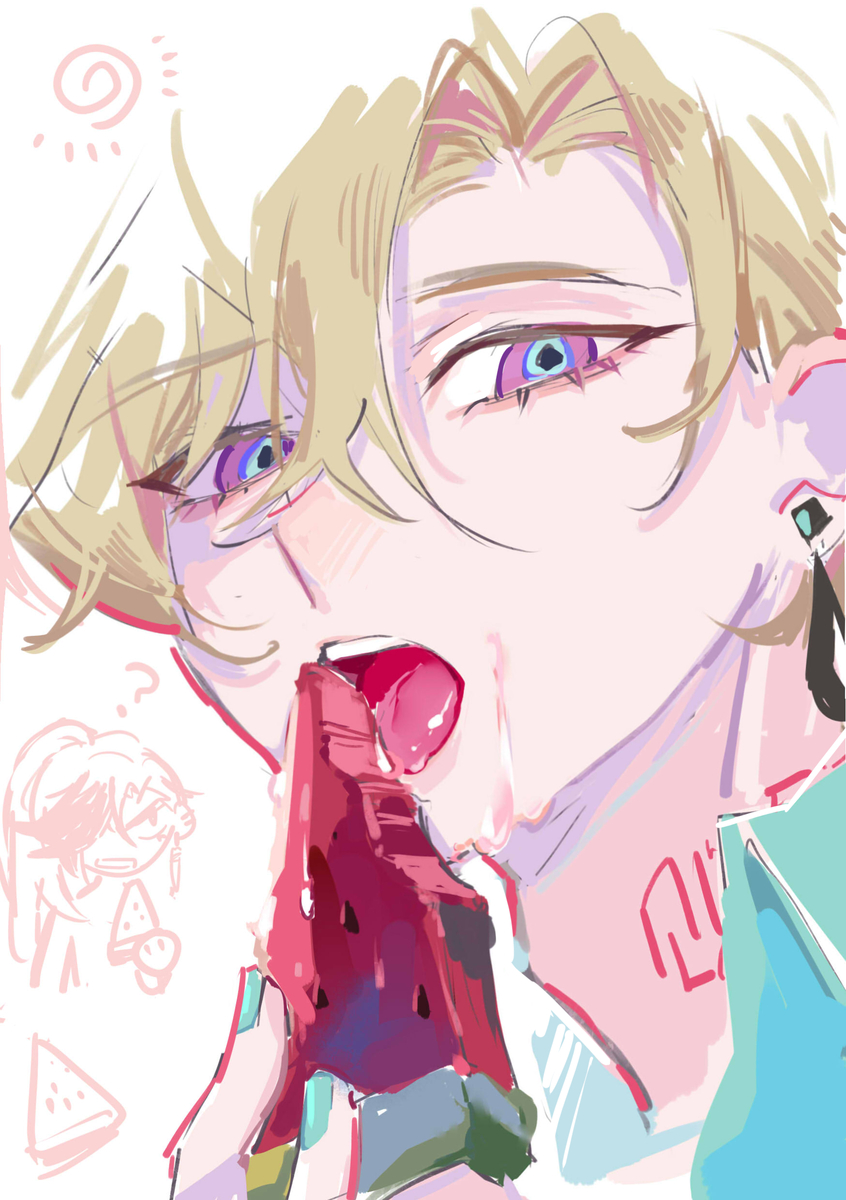 this is a digital illustration of a cute, blushfaced anime boy with blue eyes. he's got his mouth open with his tongue out as he eats a slice of watermelon. it looks like he's really enjoying it.