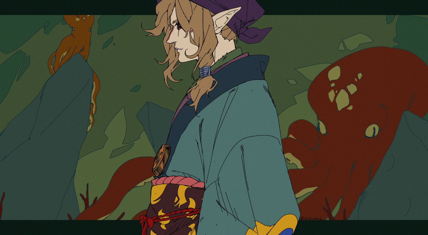 an anime illustration of a woman with long blonde hair, elf ears, and a purple headband. she is wearing a blue and green kimono with yellow and red accents. the woman is standing in a forest setting with two large octopuses in the background. the woman's hand is visible, suggesting she is holding something or reaching for something. the image is rendered in a digital art style.