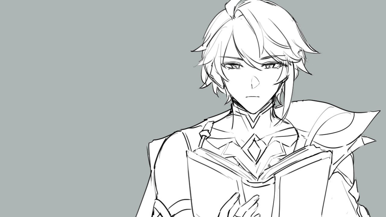 a sketch of an anime male character with blond hair, reading a book. he has a serious expression on his face. he is wearing a collared shirt and a cape. the background is gray.