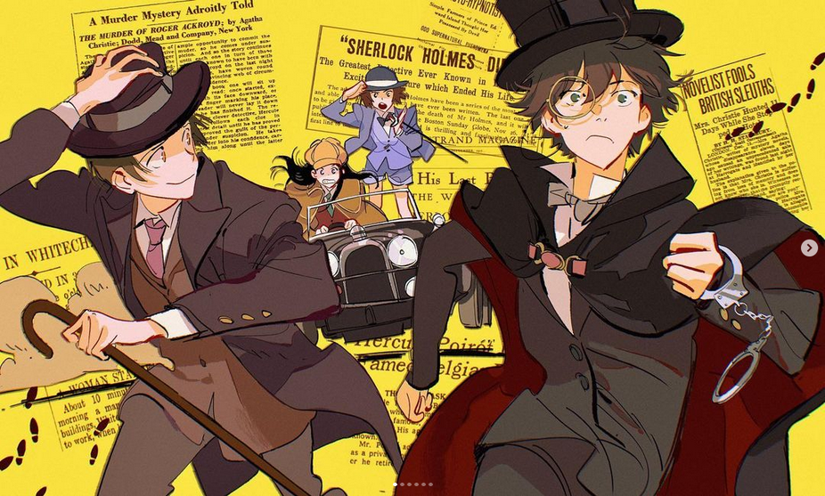 the image is an illustration depicting two famous detective characters, sherlock holmes and hercule poirot. sherlock holmes is holding handcuffs and is in the foreground of the image. hercule poirot is in the background,  leaning on a cane, with a book titled "the murder of roger ackroyd" by agatha christie. in the background, another illustration of a car, a woman, and another detective can be seen. the image is set in a yellow background and features a colorful aesthetic.