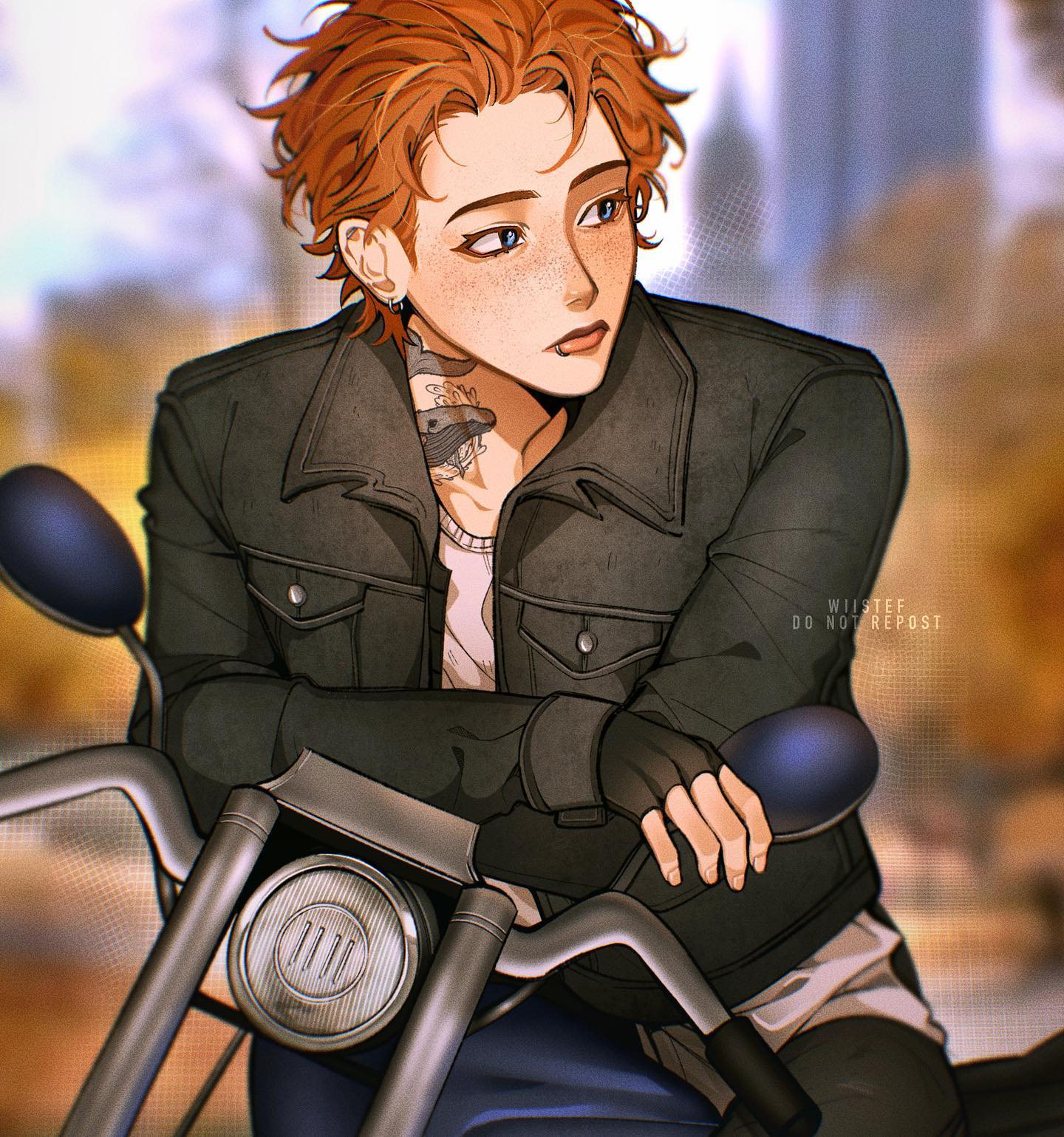 the image is a digital fanart depicting a stylish animestyle young man with vibrant ginger hair and freckles. he's wearing a darkcolored leather or denim jacket, gloves, and has visible tattoos on his neck.  he's sitting on a motorcycle, leaning slightly back, and looking off to the side with a somewhat pensive expression. the background suggests an urban setting with blurred city buildings and autumnal colors visible in the distance. the art style is highly detailed and realistic, giving the character a lifelike quality. a watermark reading "wilssstef do not repost" is present in the image.