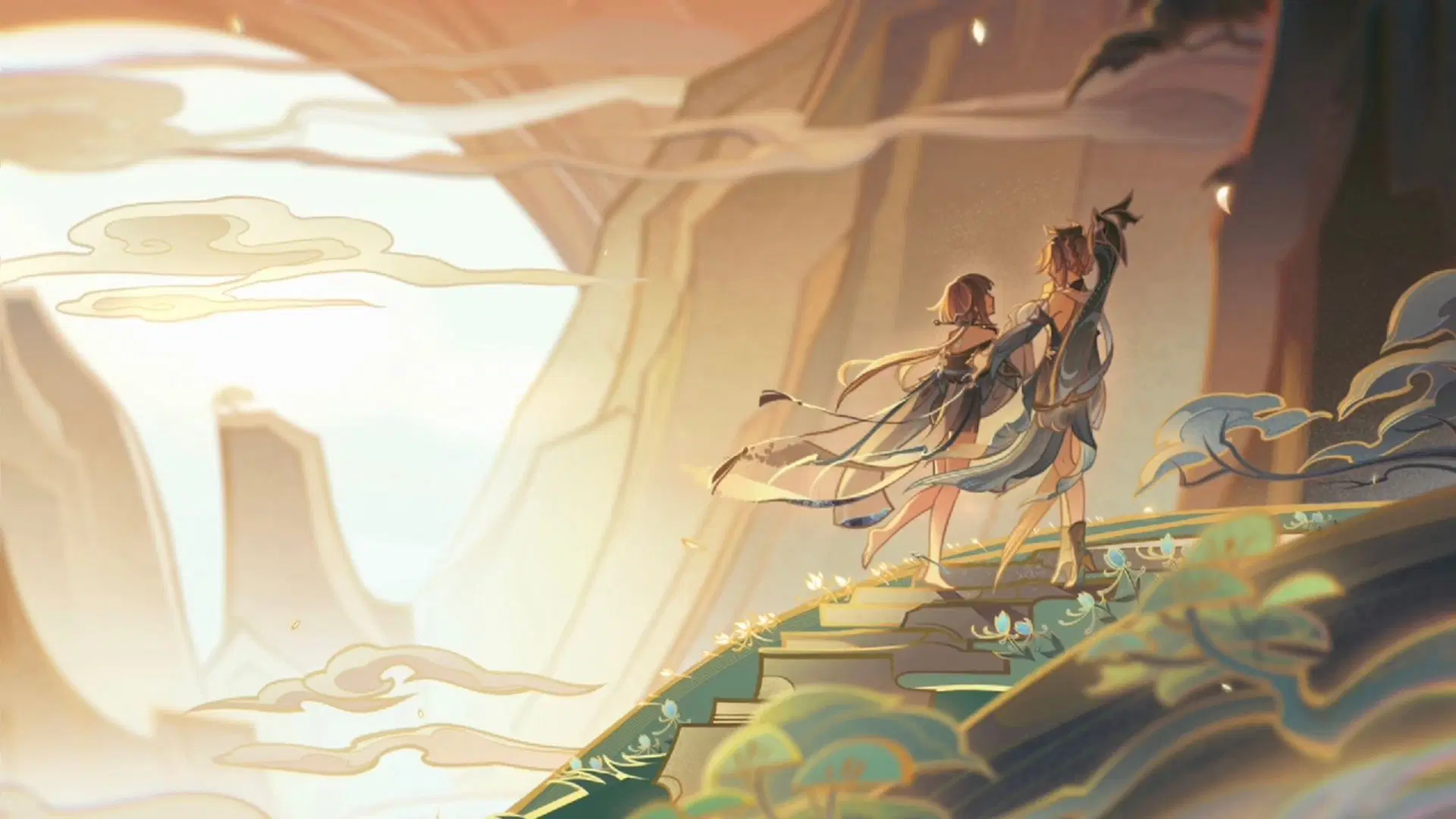 this digital artwork depicts two female characters in anime style. they are wearing flowing dresses and standing on a mountain ledge. the background is a beautiful landscape with mountains, sky, clouds, and a sunset. the overall scene is magical and fantasylike.