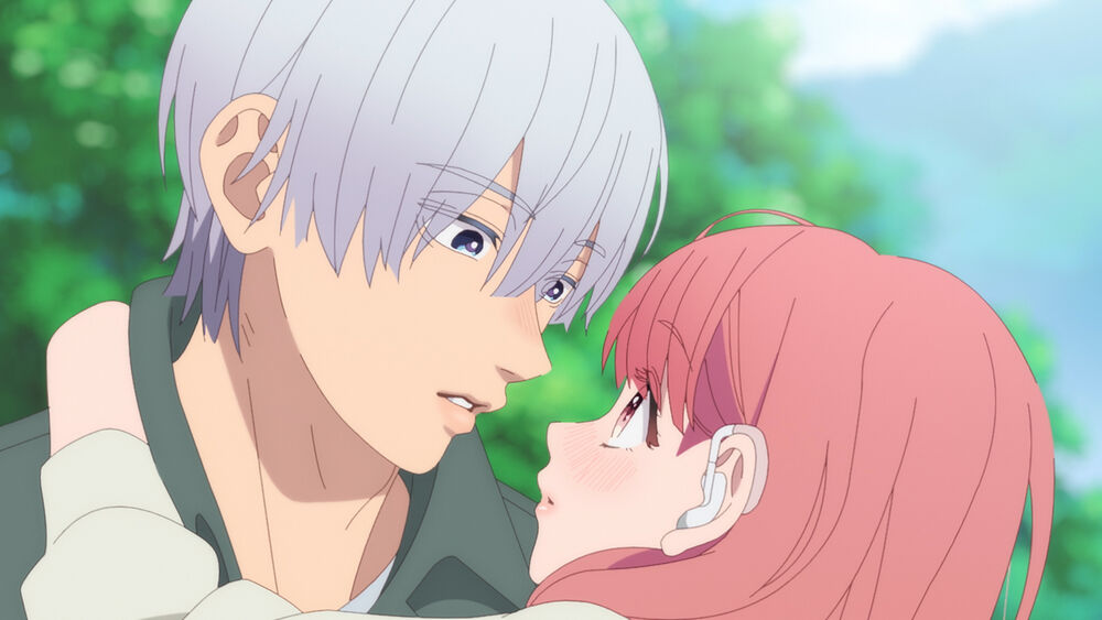 a young man and woman are in a close embrace. the man has white hair and the woman has pink hair. the woman is blushing. the setting is outdoors with green foliage in the background. the lighting is soft, implying daylight. the perspective is a closeup shot, focused on the faces of the characters.