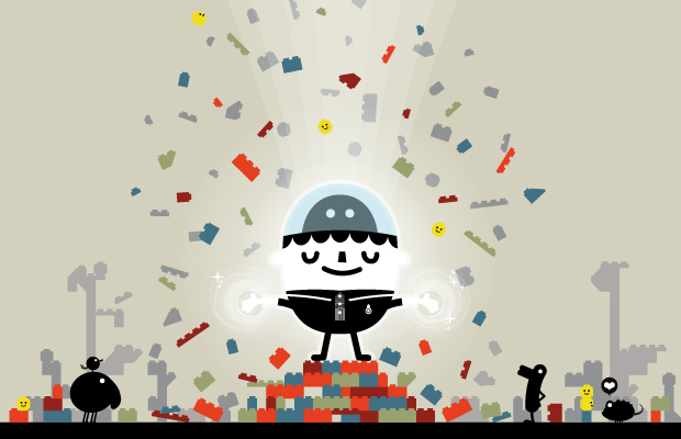 an illustration with a white cartoon figure standing on a pile of red, blue, and green building blocks. the figure has a transparent dome on its head and a smiling face. it is wearing a black outfit with a white shirt and a small badge. the figure's hands are glowing. above the figure, building blocks of various colors are falling down. on the left and right sides of the figure, there are silhouettes of animals and structures made of building blocks. some yellow smiling faces are scattered throughout the image. the background is a light beige color.